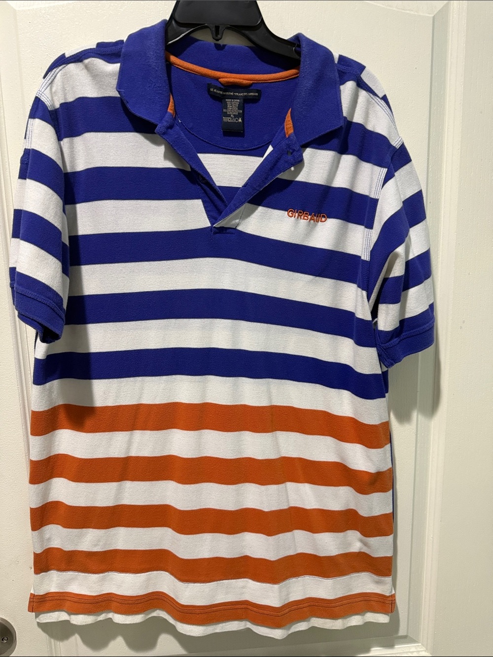 Marithe Francois Girbaud Blue, White & Orange Striped Polo Shirt